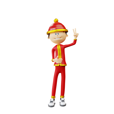 Chinese man showing victory sign 3D Illustration