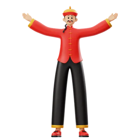 Chinese Man Standing With Open Arms  3D Illustration