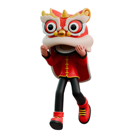 Chinese Man Wearing Dragon Head Costume  3D Illustration