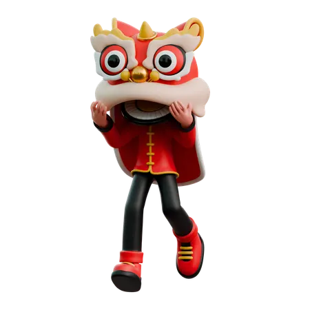 Chinese Man Wearing Dragon Head Costume  3D Illustration