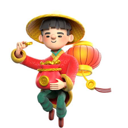 Chinese Man With Coins And Chinese Lanterns  3D Illustration