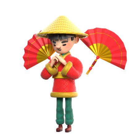 Chinese Man With Chinese Fans  3D Illustration