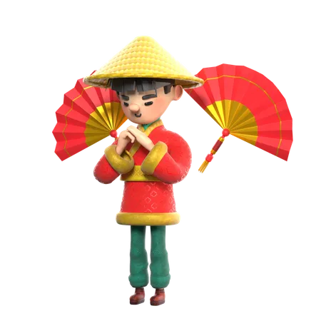 Chinese Man With Chinese Fans  3D Illustration