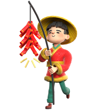 Chinese Man With Gunpowder Fireworks  3D Illustration