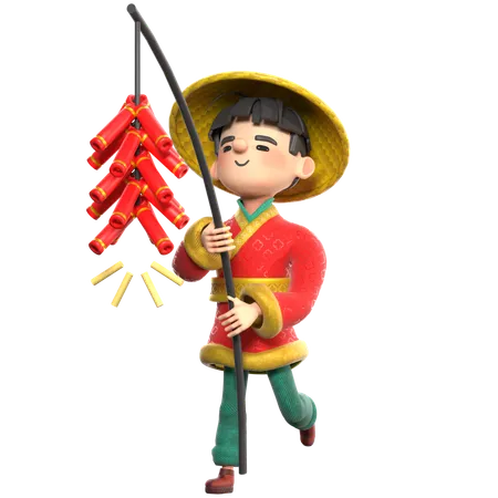 Chinese Man With Gunpowder Fireworks  3D Illustration