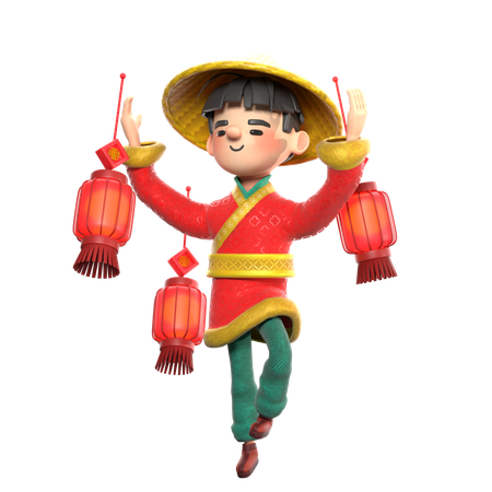 Chinese Man With Lamps  3D Illustration