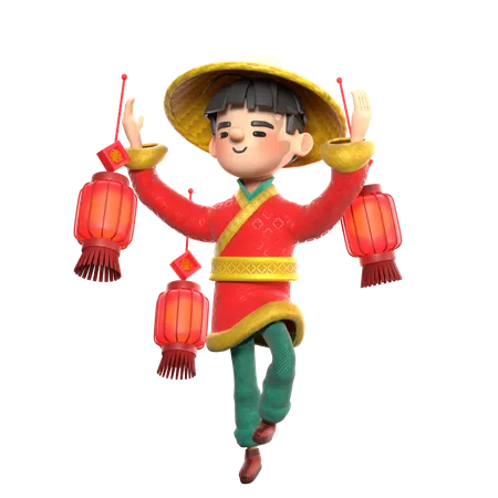 Chinese Man With Lamps  3D Illustration