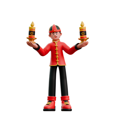 Chinese Man With New Year Candles  3D Illustration