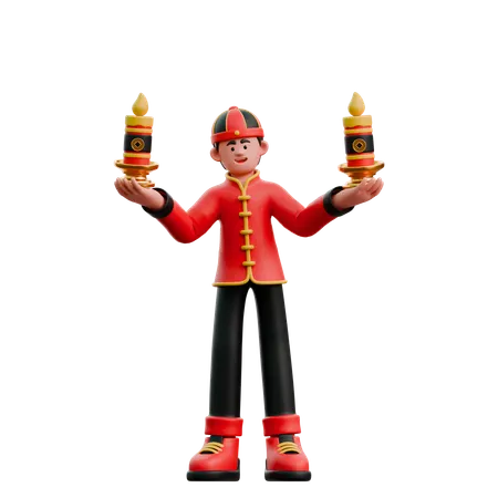 Chinese Man With New Year Candles  3D Illustration