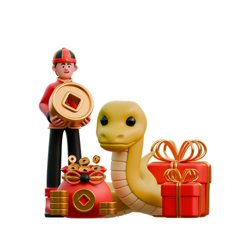 Chinese Man With Chinese Wood Snake  3D Illustration
