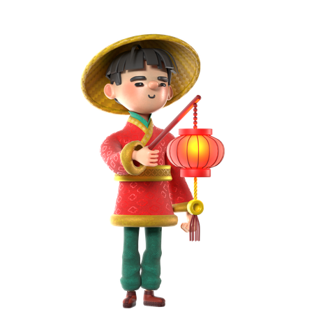 Chinese Mann hält chinesische Laterne  3D Illustration