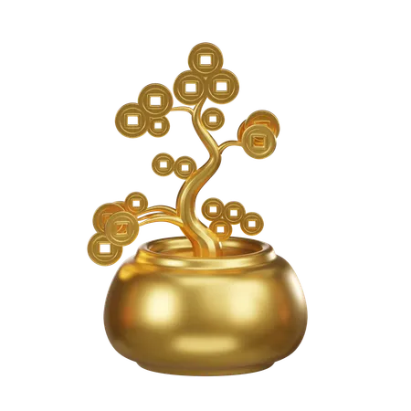A 3 D Icon Featuring A Golden Chinese Money Tree Often Associated With Wealth Prosperity And Good Fortune In Feng Shui 3D Icon