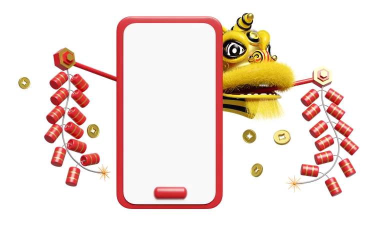 3 D Mobile Phone Smartphone With Yellow Lion Dance Head Hanging Firecracker Or Cracker Coin For Festive Chinese New Year Holiday 3 D Render Illustration 3D Illustration