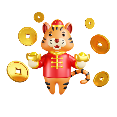 Chinese new year tiger With Coins 3D Illustration
