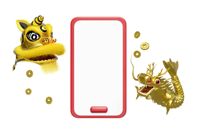 3 D Mobile Phone Smartphone With Yellow Lion Dance Head Chinese Coin Fan For Festive Chinese New Year Holiday 3 D Render Illustration 3D Illustration