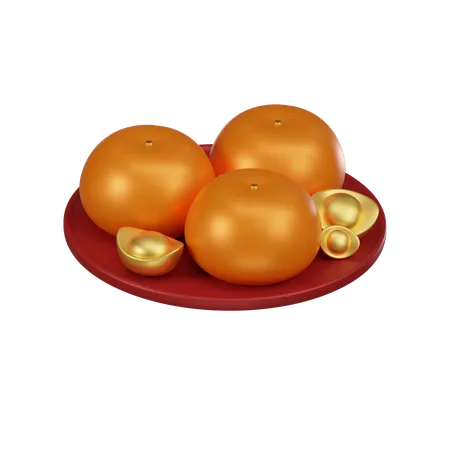 A 3 D Icon Showing Mandarin Oranges And Gold Ingots On A Plate A Symbol Of Wealth And Abundance During The Lunar New Year 3D Icon