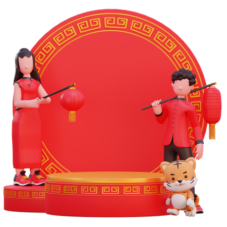 Chinese people doing new year decoration  3D Icon