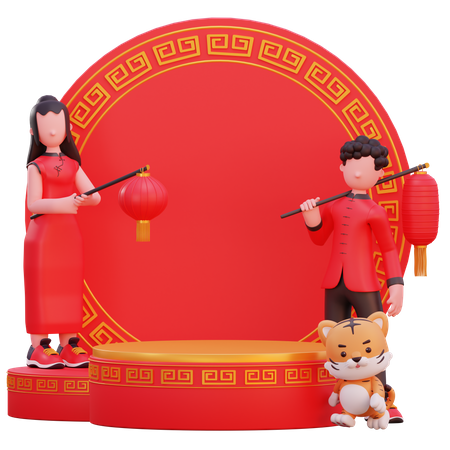 Chinese people doing new year decoration  3D Illustration