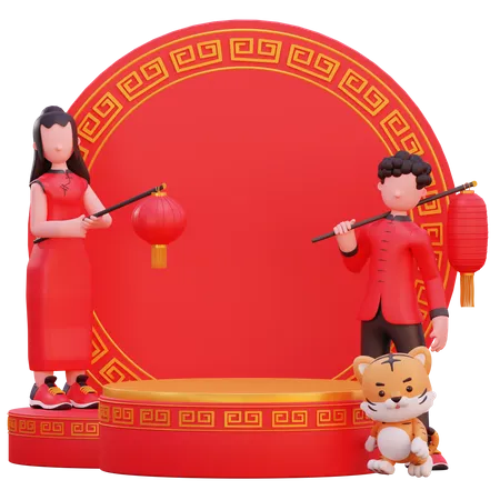 Chinese people doing new year decoration  3D Illustration