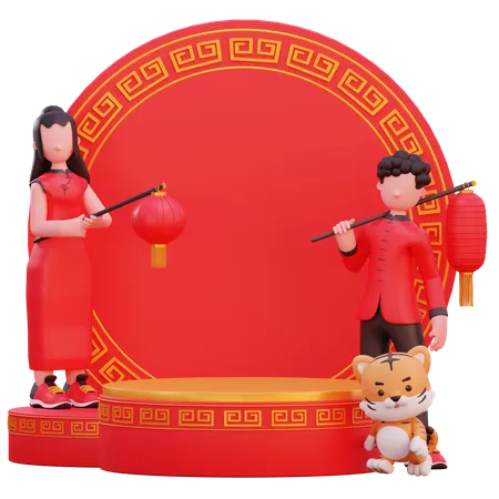 Chinese people doing new year decoration 3D Illustration