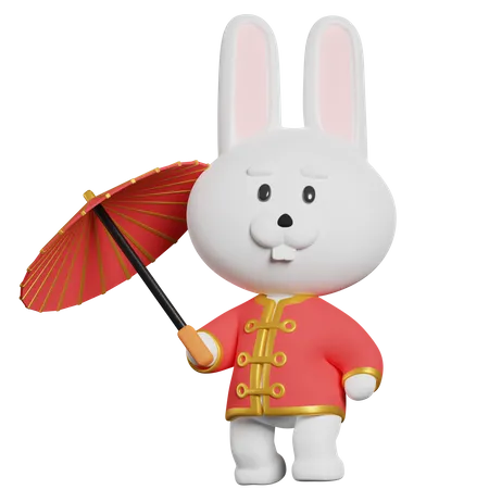 Chinese Rabbit Bring An Umbrella  3D Illustration