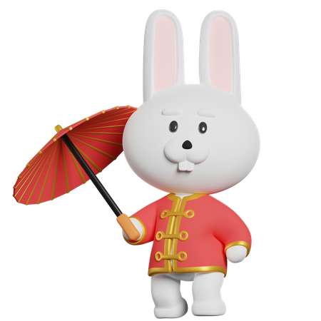 Chinese Rabbit Bring An Umbrella 3D Illustration