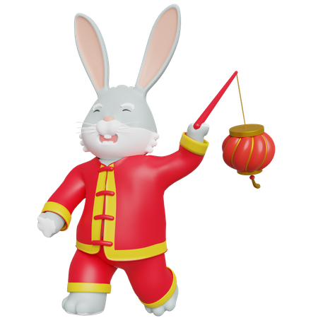 Chinese Rabbit Bring Lantern  3D Illustration