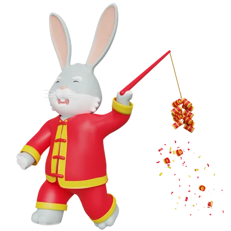 Chinese Rabbit Brings Chinese Crackers  3D Illustration