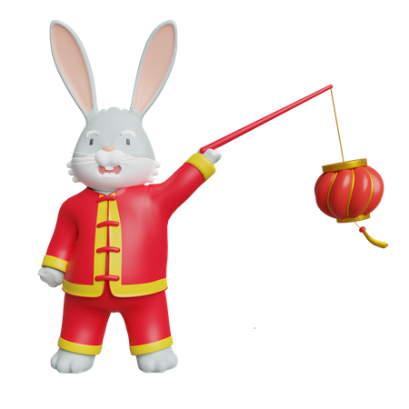 Chinese Rabbit Brings Chinese Lampion  3D Illustration