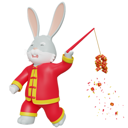 Chinese Rabbit Brings Chinese Crackers  3D Illustration