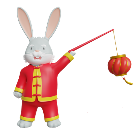 Chinese Rabbit Brings Chinese Lampion  3D Illustration