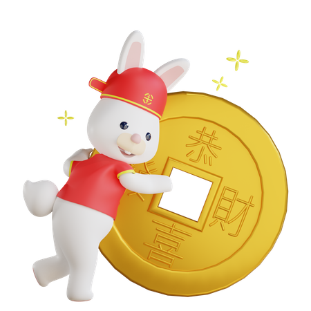 Chinese rabbit carrying  big coin  3D Illustration