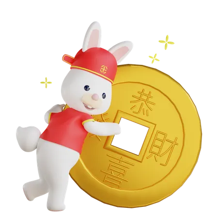 Chinese New Year With A Rabbit Carrying A Big Coin 3D Illustration