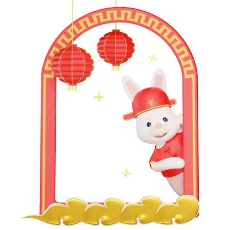 Chinese New Year With A Rabbit Come Out From The Window 3D Illustration