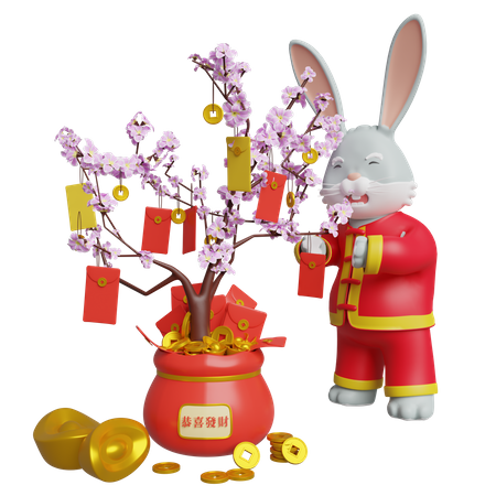 Chinese Rabbit Decorate Sakura Tree Using Envelope  3D Icon