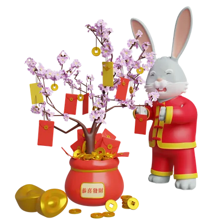 Chinese Rabbit Decorate Sakura Tree Using Envelope  3D Illustration