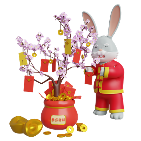 Chinese Rabbit Decorate Sakura Tree Using Envelope  3D Illustration