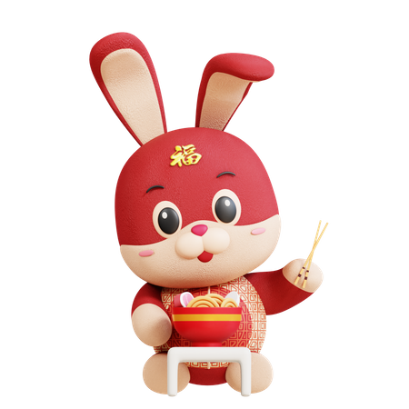 Chinese Rabbit Eating Noodle  3D Illustration