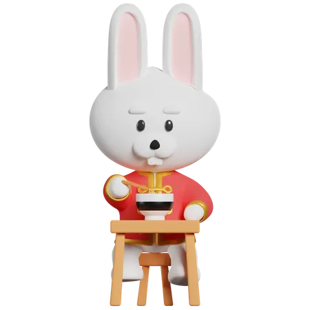Chinese Rabbit Eating Noodle  3D Illustration