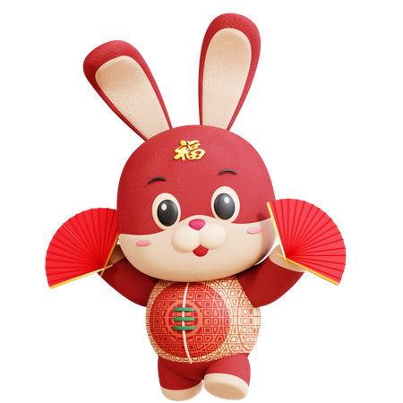 Chinese Rabbit Fan Dancing  3D Illustration