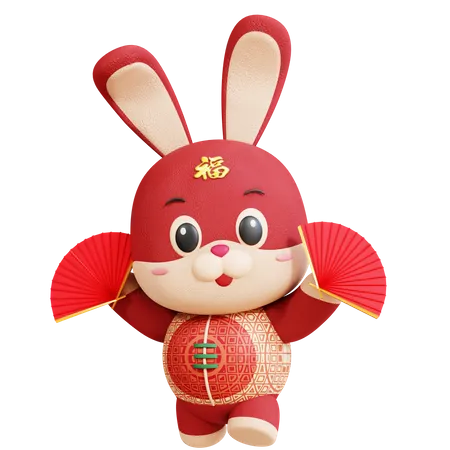 Chinese Rabbit Fan Dancing  3D Illustration