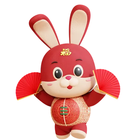 Chinese Rabbit Fan Dancing 3D Illustration