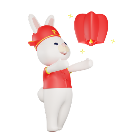 Chinese rabbit flying a lantern  3D Illustration