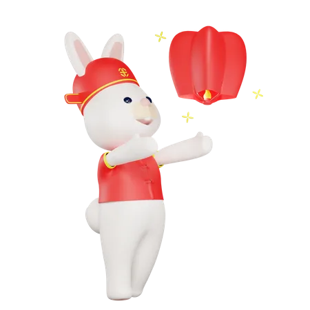 Chinese New Year With A Rabbit Flying A Lantern 3D Illustration
