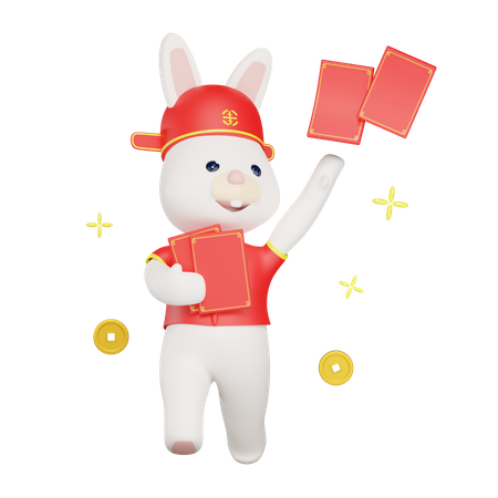 Chinese rabbit giving red packets  3D Illustration