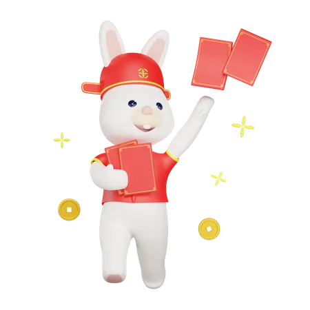 Chinese rabbit giving red packets  3D Illustration