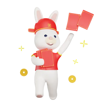 Chinese rabbit giving red packets 3D Illustration