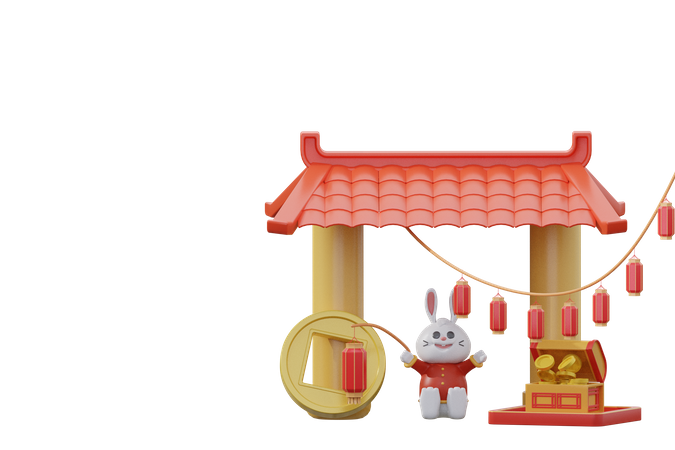 Chinese rabbit holding Chinese lantern  3D Icon