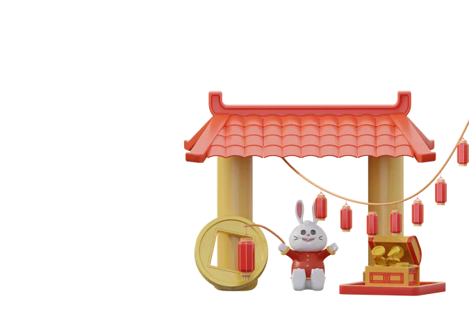 Chinese rabbit holding Chinese lantern  3D Icon
