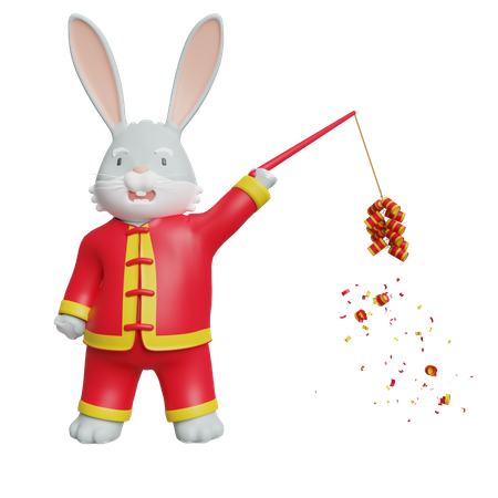 Chinese Rabbit Holding Chinese Firecracker  3D Illustration